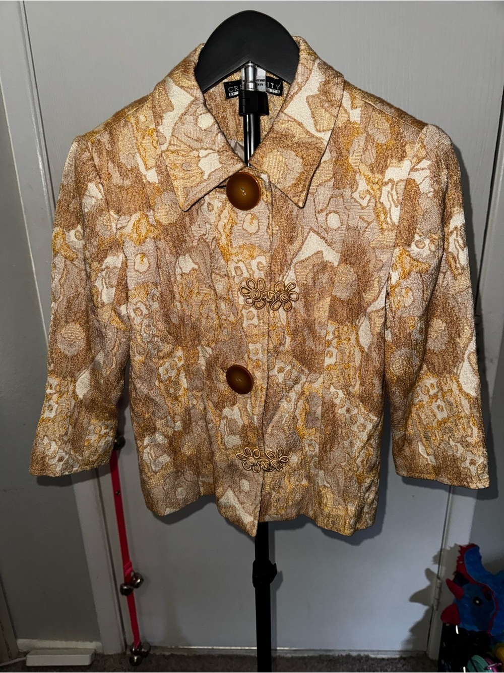 Vintage Sheri Bodell Jacquard Crop Blazer with Frog Closures In Gold and Ivory